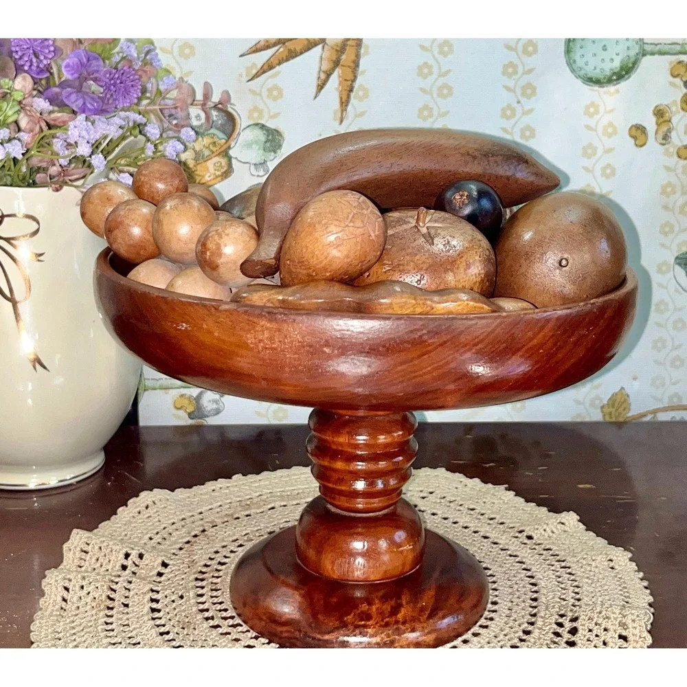 Vintage MCM Hand-Carved Wooden Fruit Bowl Centerpiece 15 Piece Set